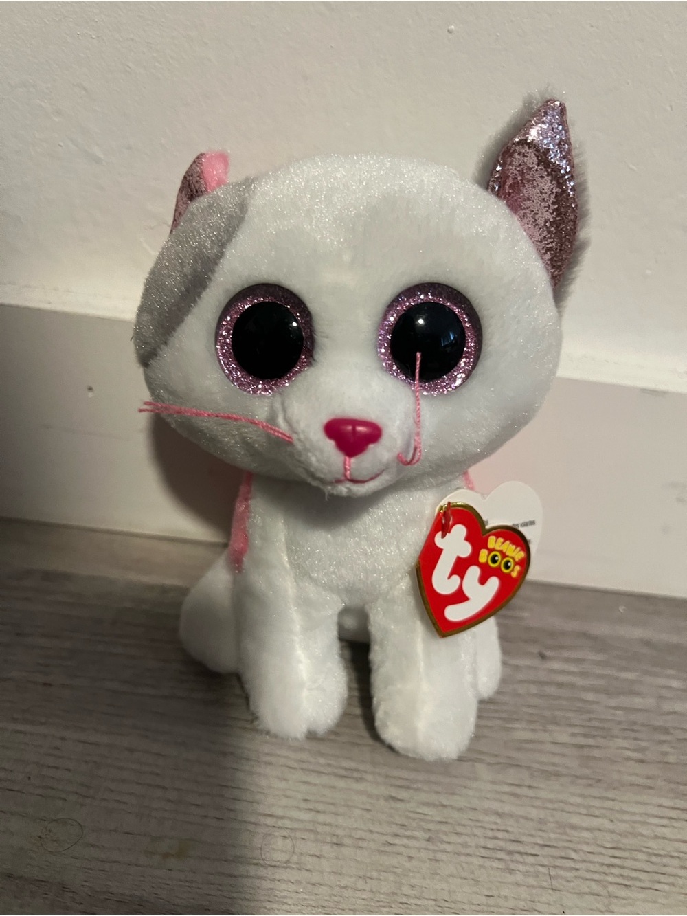 Ty White and Pink Glitter-Eyed Cat Plush